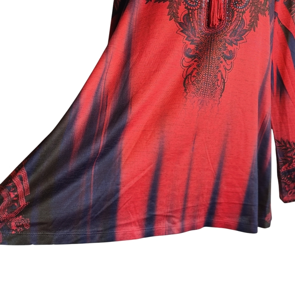 energe world wear Women’s Tunic Thin Sweater Beaded Tassel Red/Black Size 2X - Picture 5 of 7
